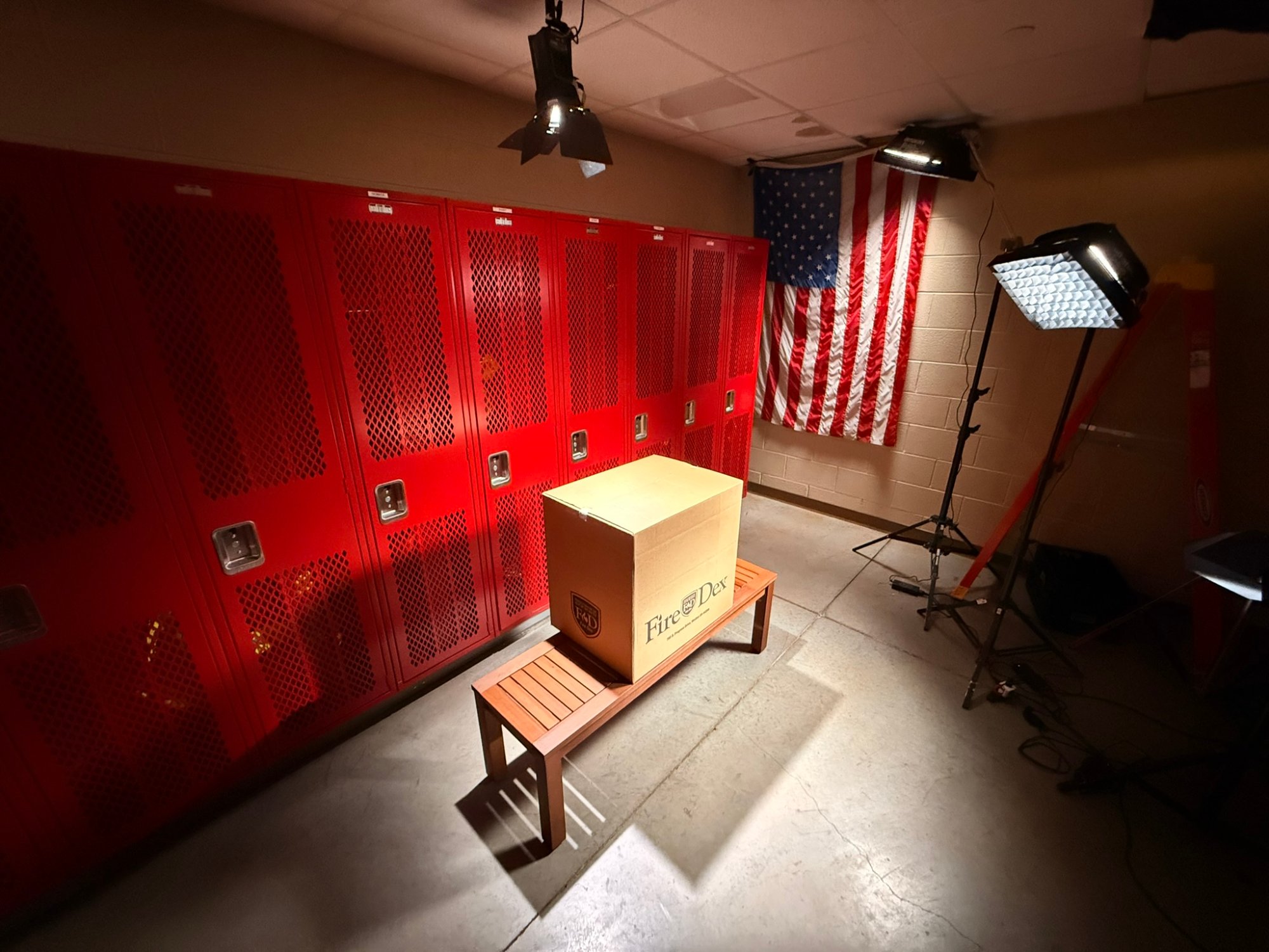 BTS of Fire-Dex product photo featuring the box of gear